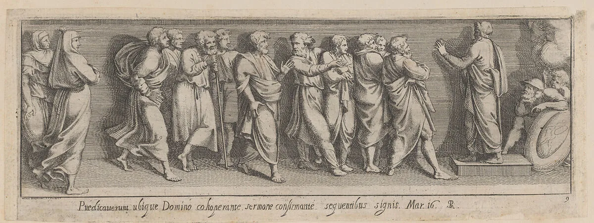 Plate 9: Joshua, standing at right, speaks to the people of Israel, after a lost fresco in the basamento of Bay 10 of the Vatican Loggia — Pietro Santi Bartoli|Giovanni Giacomo De Rossi|Raphael (Raffaello Sanzio or Santi)