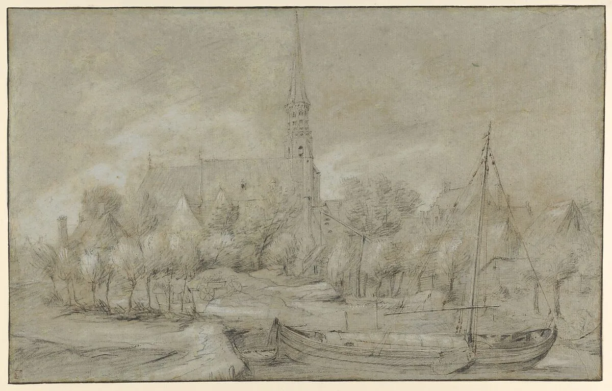 The Church of Saints Peter and Paul in Schelle, near Antwerp, seen from the North, with a Boat in the river Vliet — Anonymous, Flemish, 17th century|Jan van Goyen