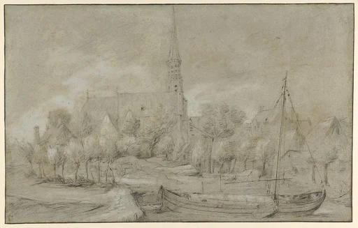 The Church of Saints Peter and Paul in Schelle, near Antwerp, seen from the North, with a Boat in the river Vliet