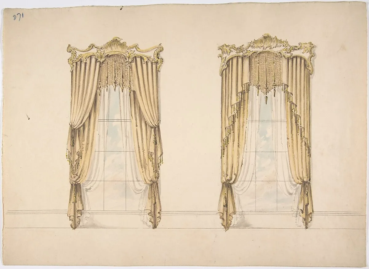 Design for Gold Curtains with Gold Fringes and a Gold and White Pediment — Anonymous, British, 19th century