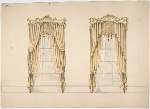 Design for Gold Curtains with Gold Fringes and a Gold and White Pediment