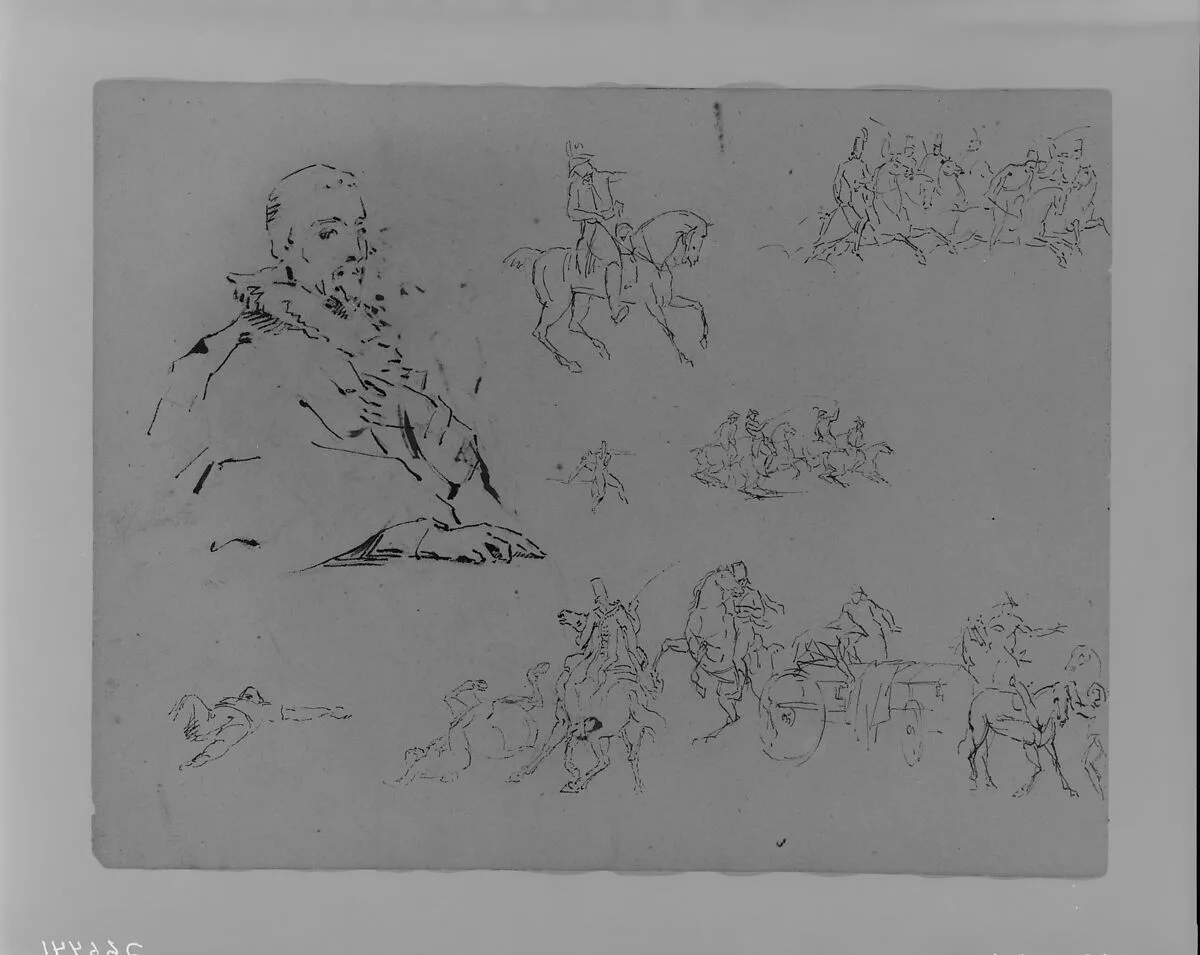 Seated Male (after Van Dyke); Soldier on Horseback; Soldiers on Horseback; Dying Figure; Soldiers on Horseback; Dead Figure; Military Scene (from Sketchbook) — Thomas Sully