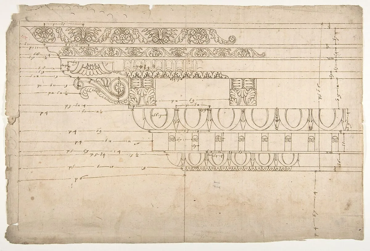 Temple of Minerva, elevation of cornice (recto) Temple of Minerva, elevation of capital and base (verso) — Anonymous, French, 16th century