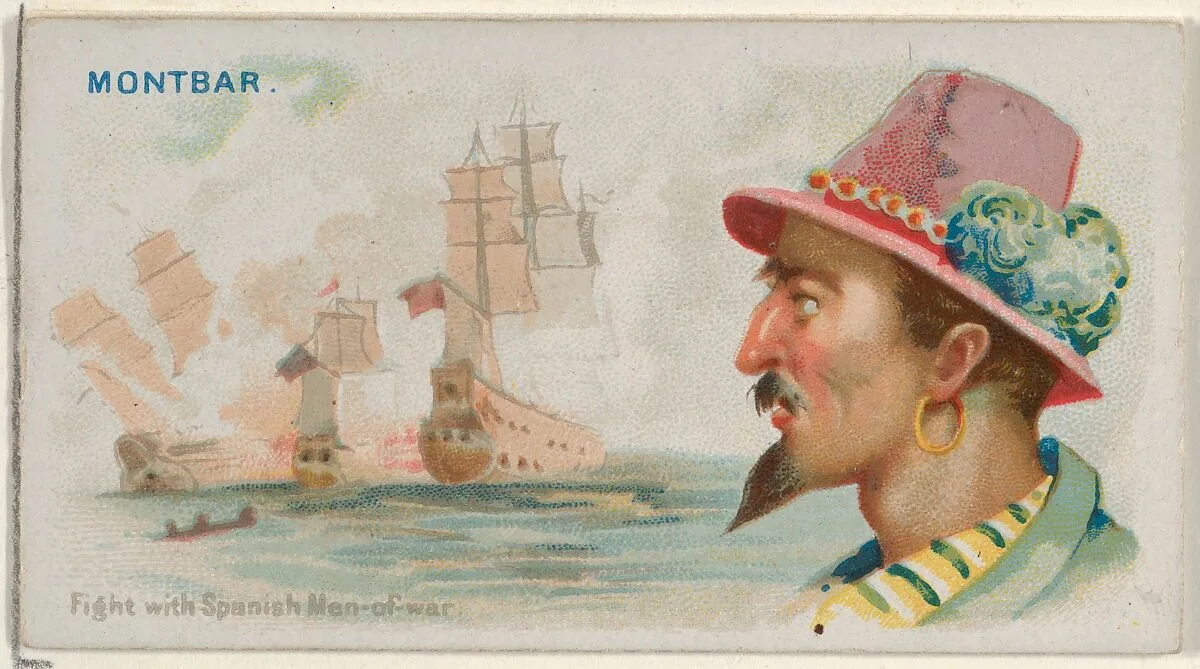 Montbars, Fight with Spanish Men-of-War, from the Pirates of the Spanish Main series (N19) for Allen & Ginter Cigarettes — George S. Harris & Sons|Allen & Ginter