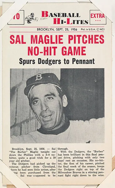 Sal Maglie #70 from Nu-Card Baseball Hi-Lites series (W460) — Nu-Card, Inc.