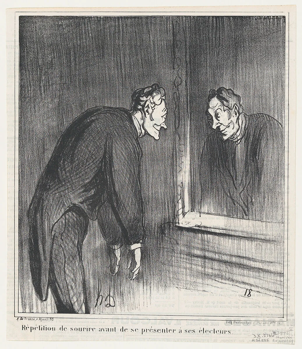 Rehearsing his smile before presenting himself to his constituency, from 'News of the day,' published in Le Charivari, April 20, 1869 — Arnaud de Vresse|Honoré Daumier|Destouches