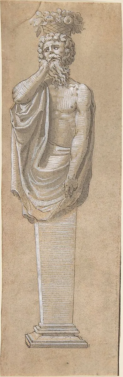 Bearded Male Term with a Raised Left Arm — Anonymous, French, 16th century