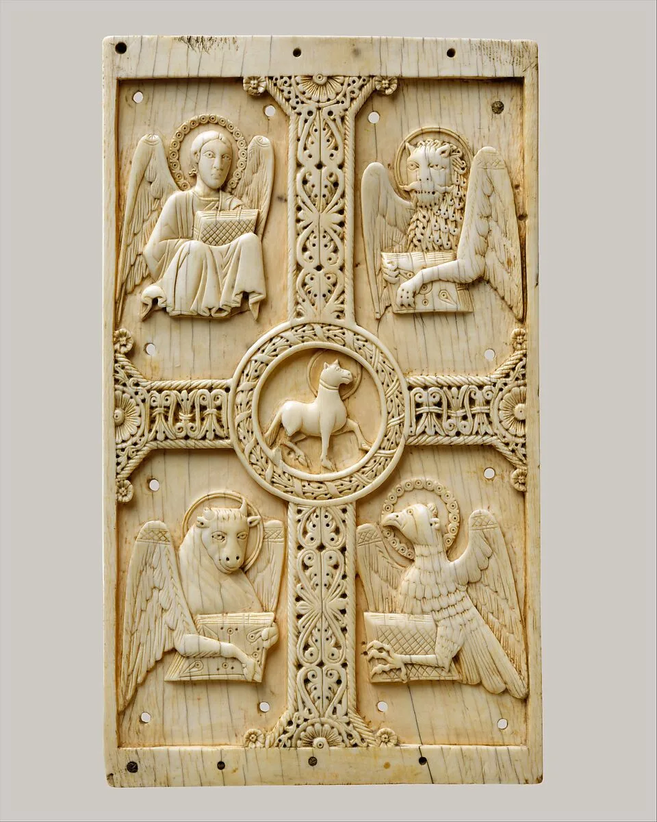 Plaque with Agnus Dei on a Cross between Emblems of the Four Evangelists — Unknown
