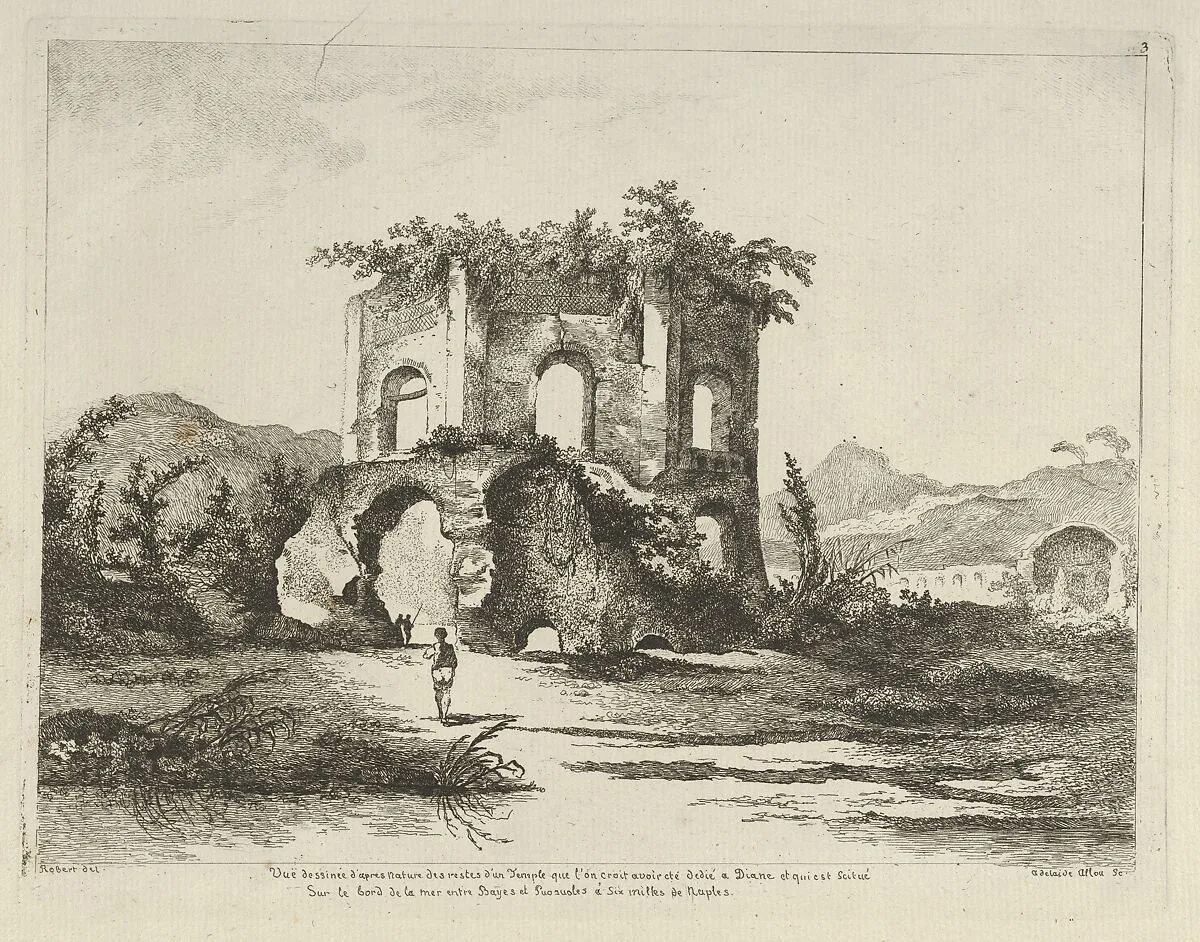 Vue d'un temple... dédié à Diane from Differentes vues dessiné d'après nature... dans les environs de Rome et de Naples — Adélaide Allou|Hubert Robert|Jean Honoré Fragonard|Pierre François Basan