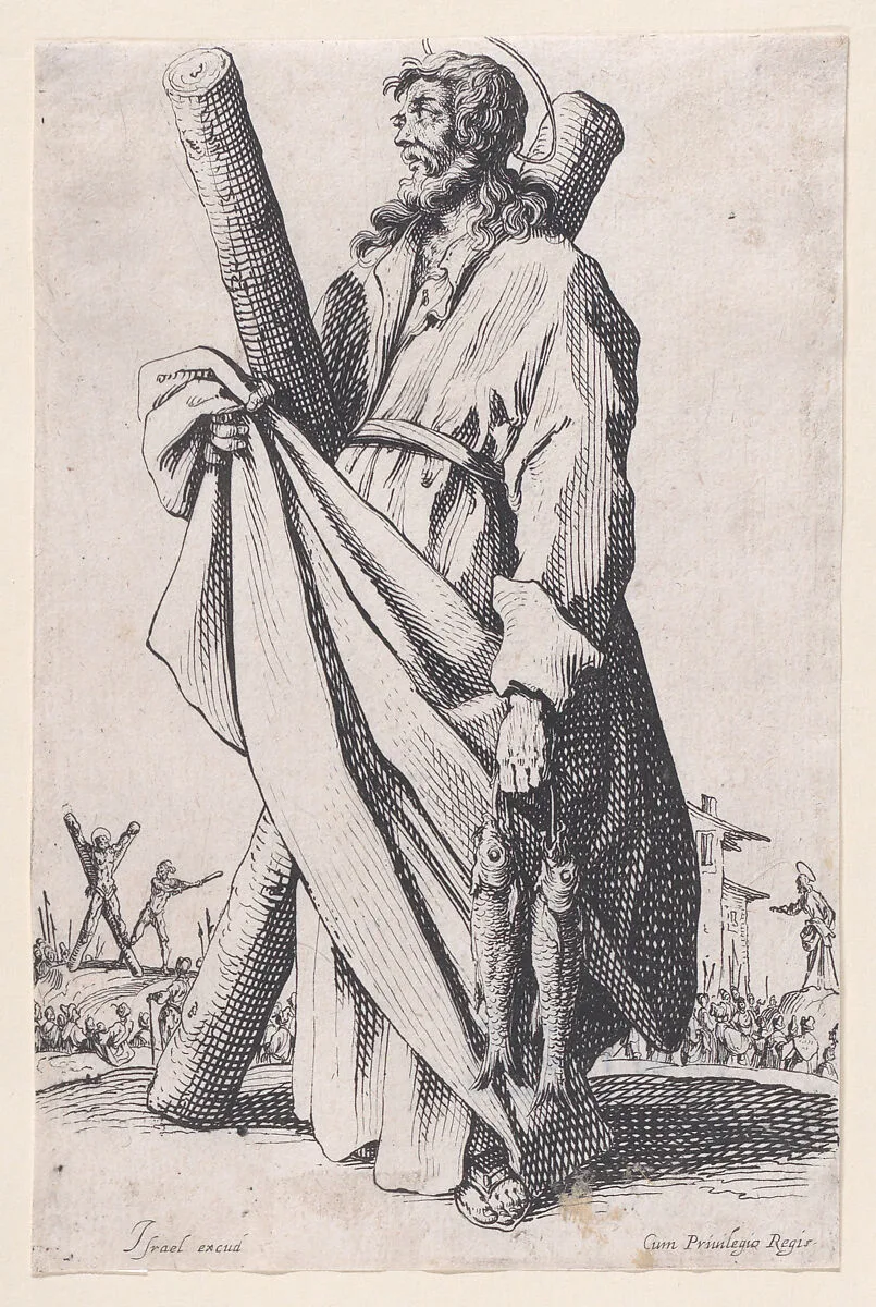 St. Andrew, from Les Grands Apôtres Debout, Représentant Le Sauveur, La Bienheureuse Marie et Les Saints Apôtres (The Large Standing Apostles, Representing The Savior, The Blessed Mary and The Apostles) — Jacques Callot|Israël Henriet