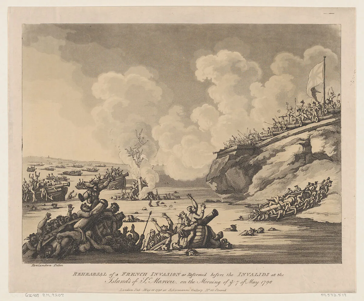 Rehearsal of a French Invasion as Performed before the Invalids at the Islands of St Marcou on the Morning of the 7th of May 1798 — Thomas Rowlandson|Rudolph Ackermann, London