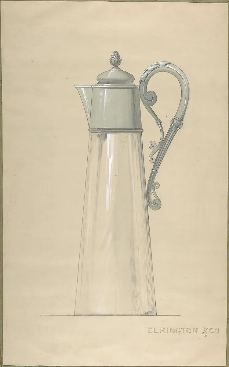 Design for Glass and Silver Water Pitcher, with a Cover — George Richards Elkington