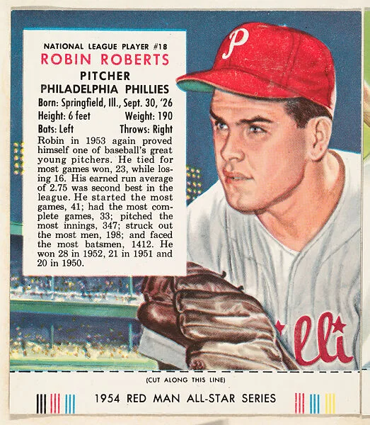 Robin Roberts, from the Major League All Stars series (T234), issued by Red Man Chewing Tobacco — Red Man Chewing Tobacco