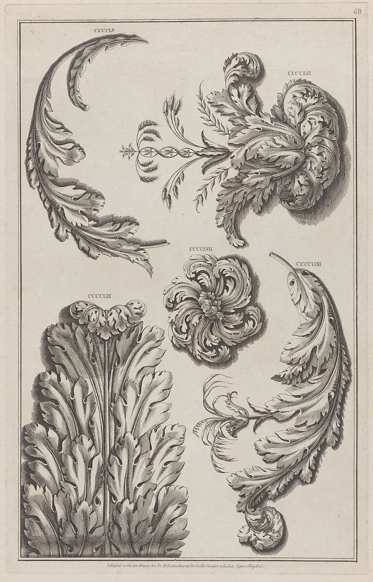 Varieties of Leaf Ornament, nos. CCCCLV–CCCCLIX, plate 68 from "Designs for Various Ornaments" — Dulouchamp|Michelangelo Pergolesi