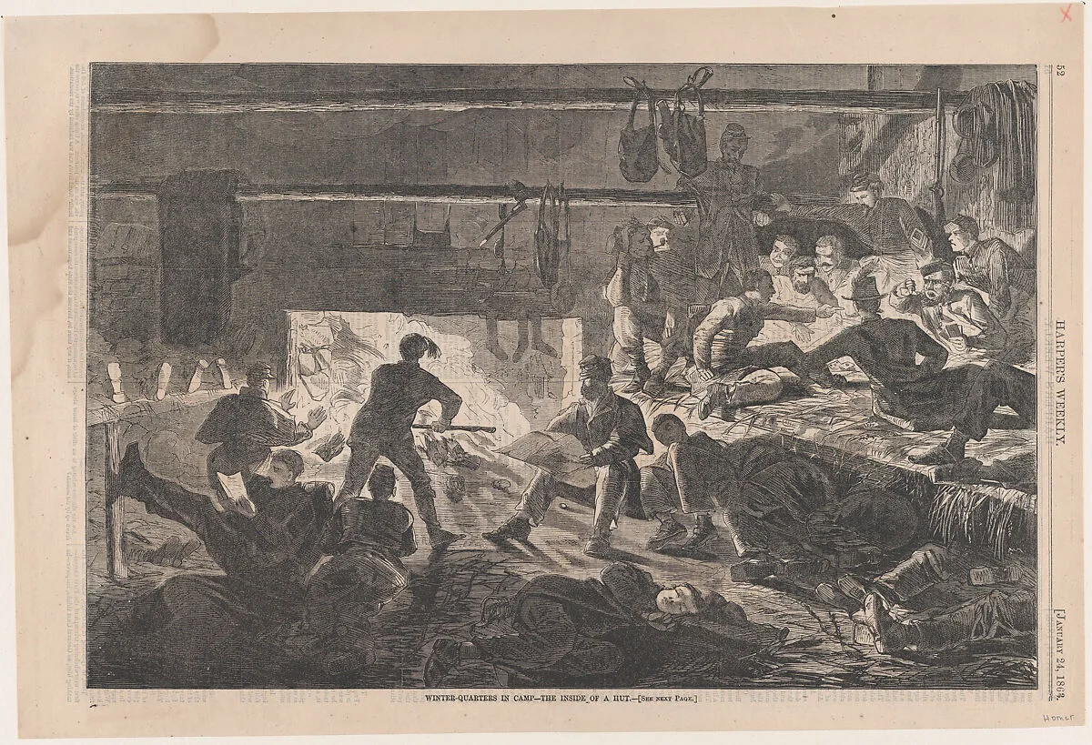 Winter Quarters in Camp – The Inside of a Hut (from "Harper's Weekly," Vol. VII) — Winslow Homer|Harper's Weekly|Harper & Brothers