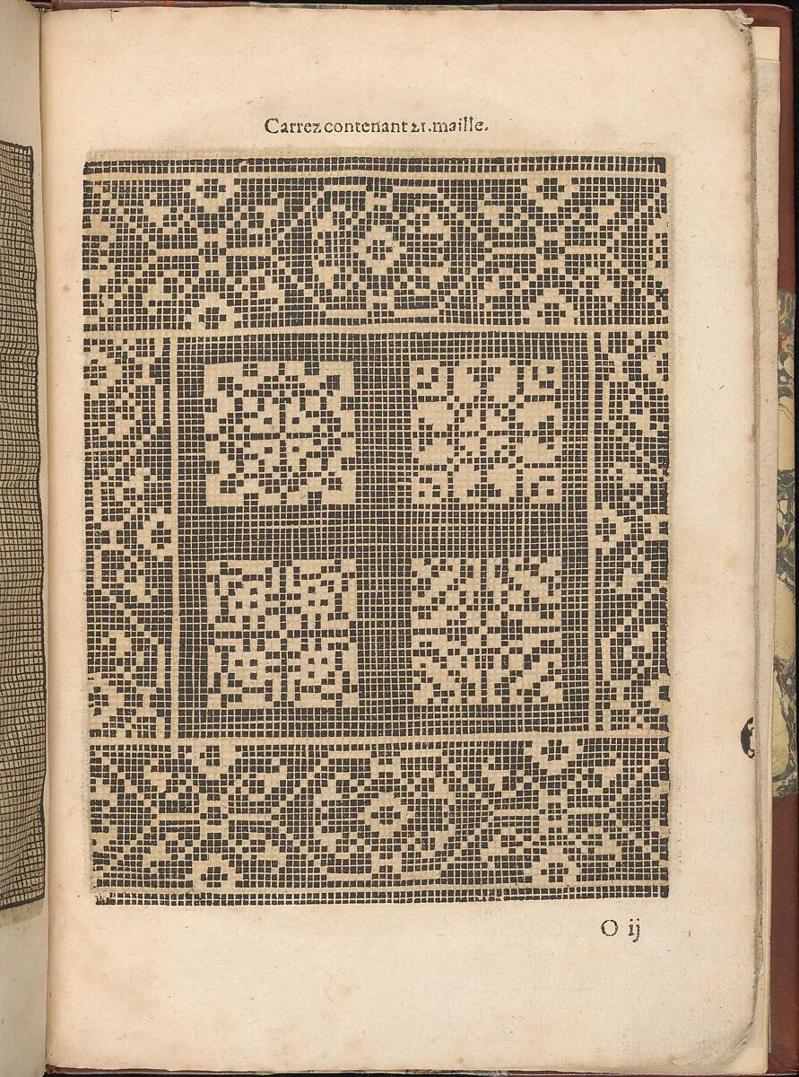 Les Secondes Oeuvres, et Subtiles Inventions De Lingerie du Seigneur Federic de Vinciolo Venitien, page 54 (recto) — Federico de Vinciolo|Jean Le Clerc|Catherine de Bourbon