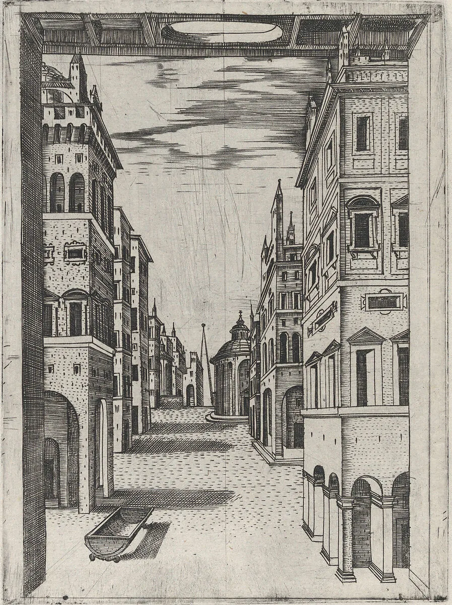 Design for a Stage Set Depicting a Perspectival View of an Ideal Renaissance City — Anonymous, Italian, 16th century|Monogrammist G.A. & the Caltrop