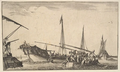 A rowboat full of men at right, a ship with men descending into a rowboat behind to left, two men with a shotgun on a ship to left, another ship to far right in the background, from 'Set of eight nautical landscapes' (Suite de huit Marines)