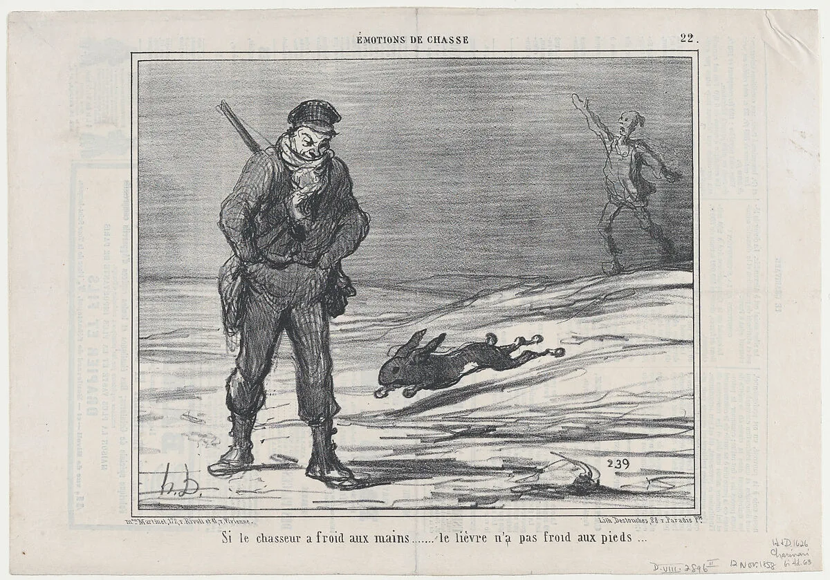 Si le chassuer a froid aux mains..... le lièvre n'a pas froid aux pieds..., from Émotions de Chasse, published in Le Charivari, November 12, 1858 — Aaron Martinet|Honoré Daumier|Destouches