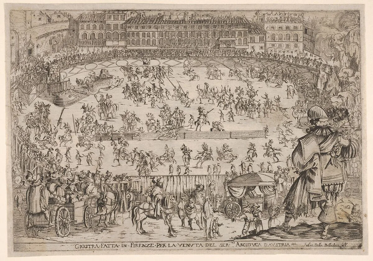 Joust held in Florence for the arrival of the archduke of Austria, an oval arena with many horsemen and pedestrians, spectators in carriages in the foreground, a row of houses at center in the background, from 'Combattimento e balletto a cavallo' — Stefano della Bella