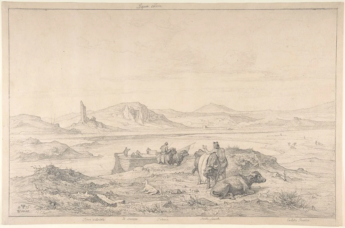 Italian Landscape with the Tiber River and Men with Cattle and a Boat — Friedrich Preller the Elder