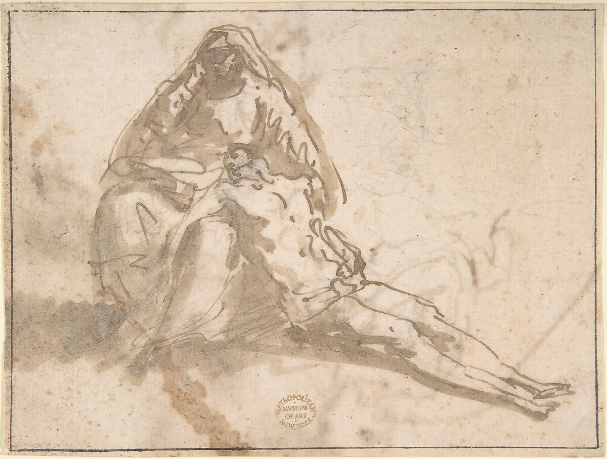 Pietà (recto); Sketches of Kneeling Figures, Putto (verso) — Domenico Mondo