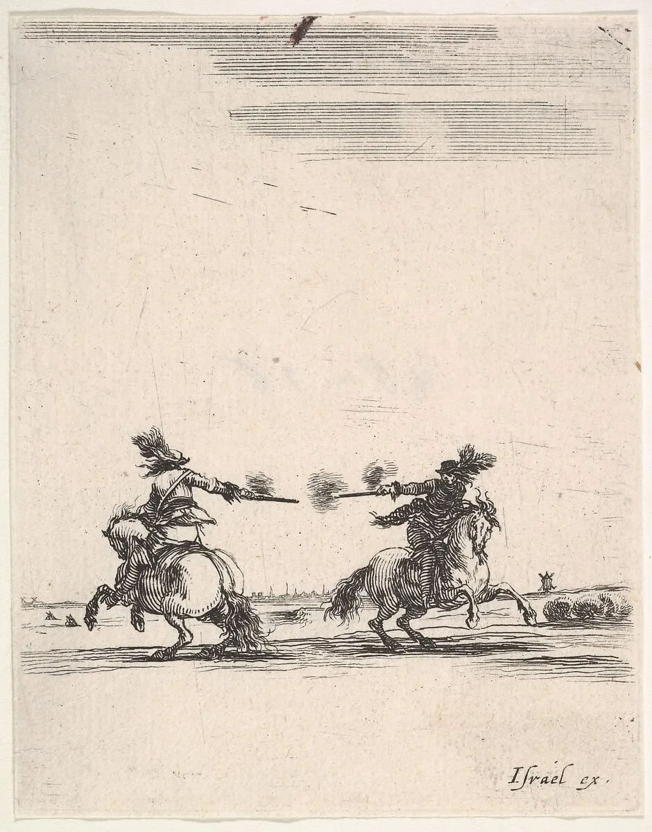 Two horsemen dueling with pistols, one seen from behind riding towards the left, one riding towards right, from 'Various cavalry exercises' (Diverses exercices de cavalerie) — Stefano della Bella|Israël Henriet