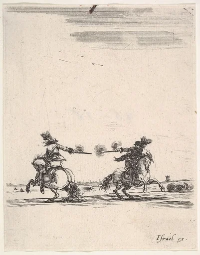 Two horsemen dueling with pistols, one seen from behind riding towards the left, one riding towards right, from 'Various cavalry exercises' (Diverses exercices de cavalerie)