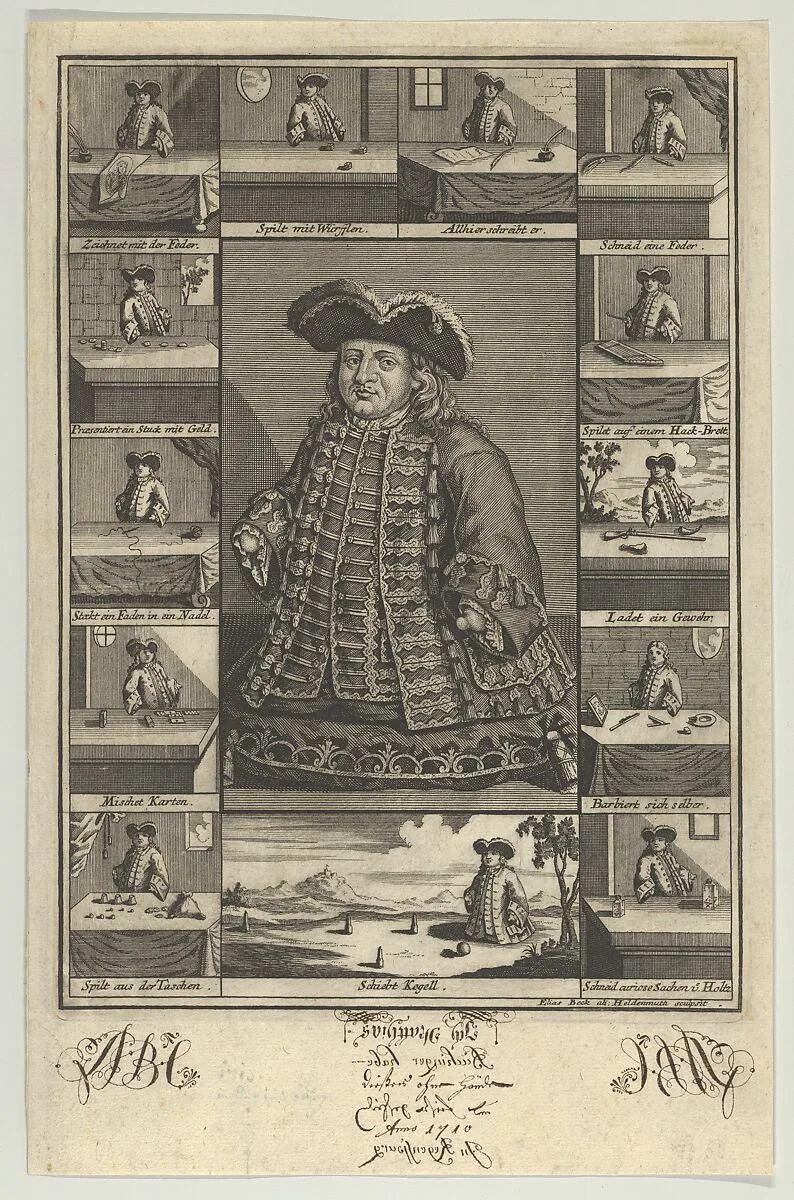 Portrait of Matthias Buchinger Surrounded by Thirteen Vignettes — Elias Baeck|Matthias Buchinger