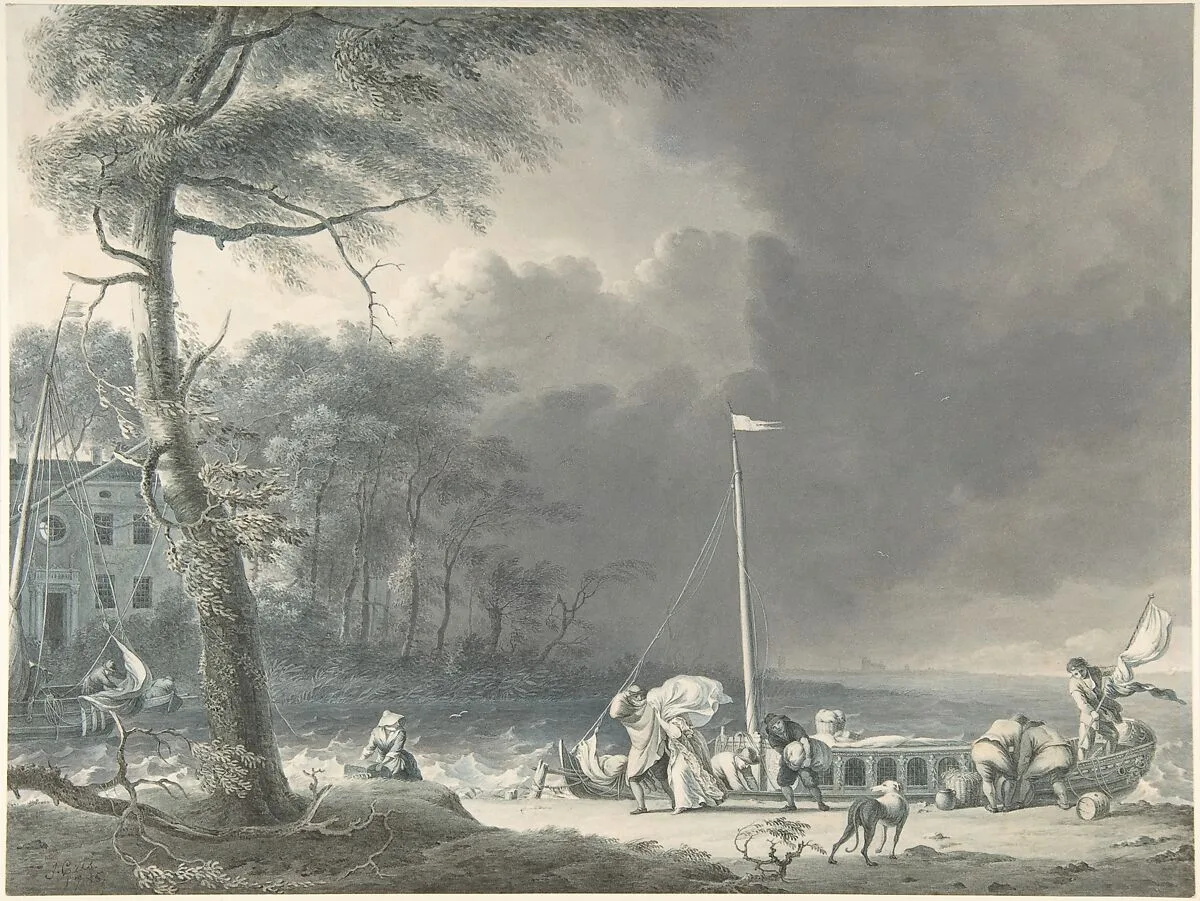 A Stormy Scene with Figures Unloading Boats Near a House on the Water's Edge — Jacob Cats|Ludolf Backhuysen