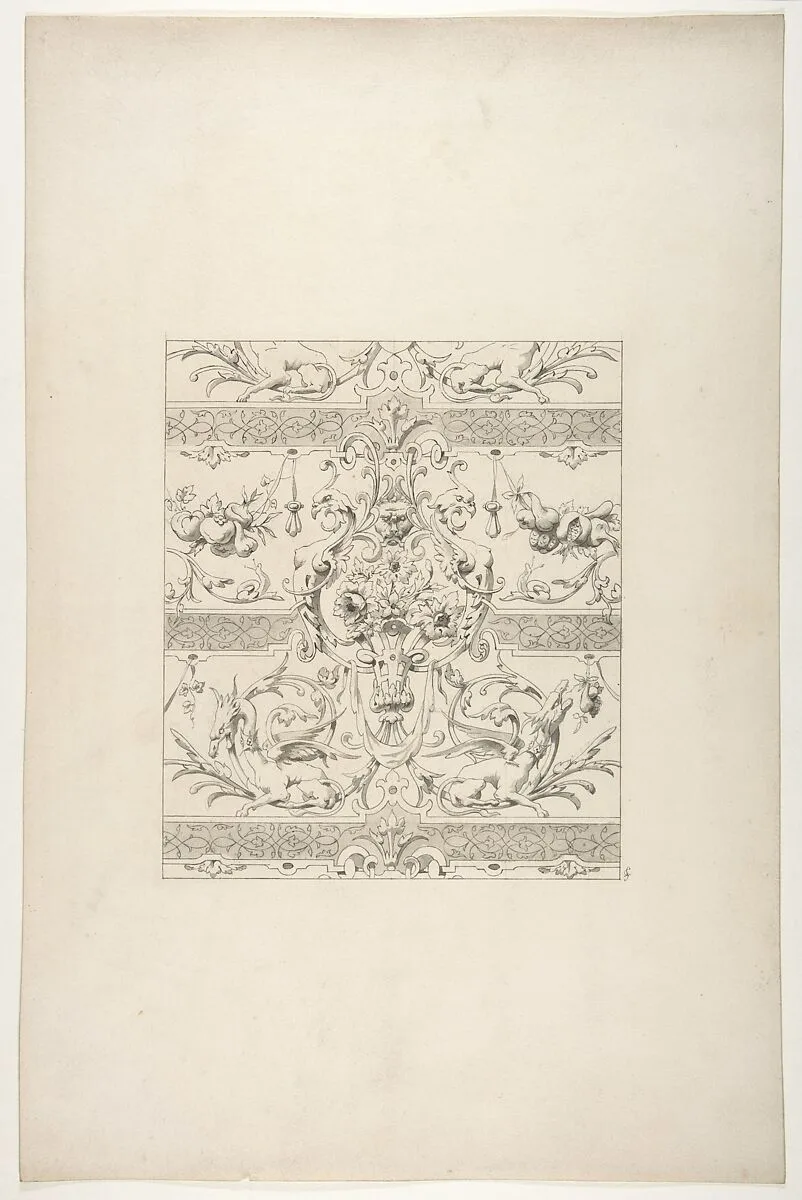 Design for a decorative motif featuring griffins and swags of fruit — Jules-Edmond-Charles Lachaise|Eugène-Pierre Gourdet