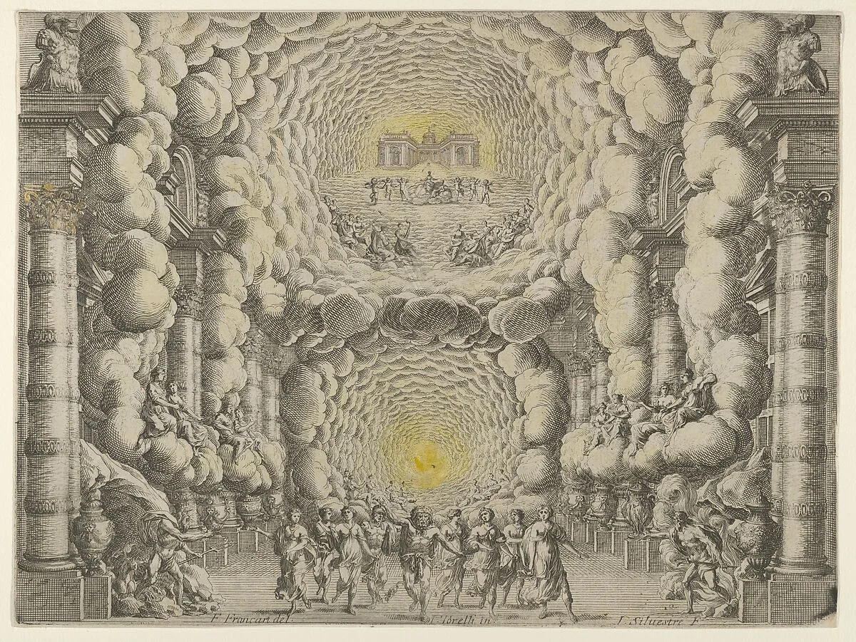 Design for a theater set created by Giacomo Torelli da Fano for the ballet 'Les Noces de Thétis', from 'Décorations et machines aprestées aux nopces de Tétis, Ballet Royal' — F. Francart|Giacomo Torelli da Fano|Israel Silvestre