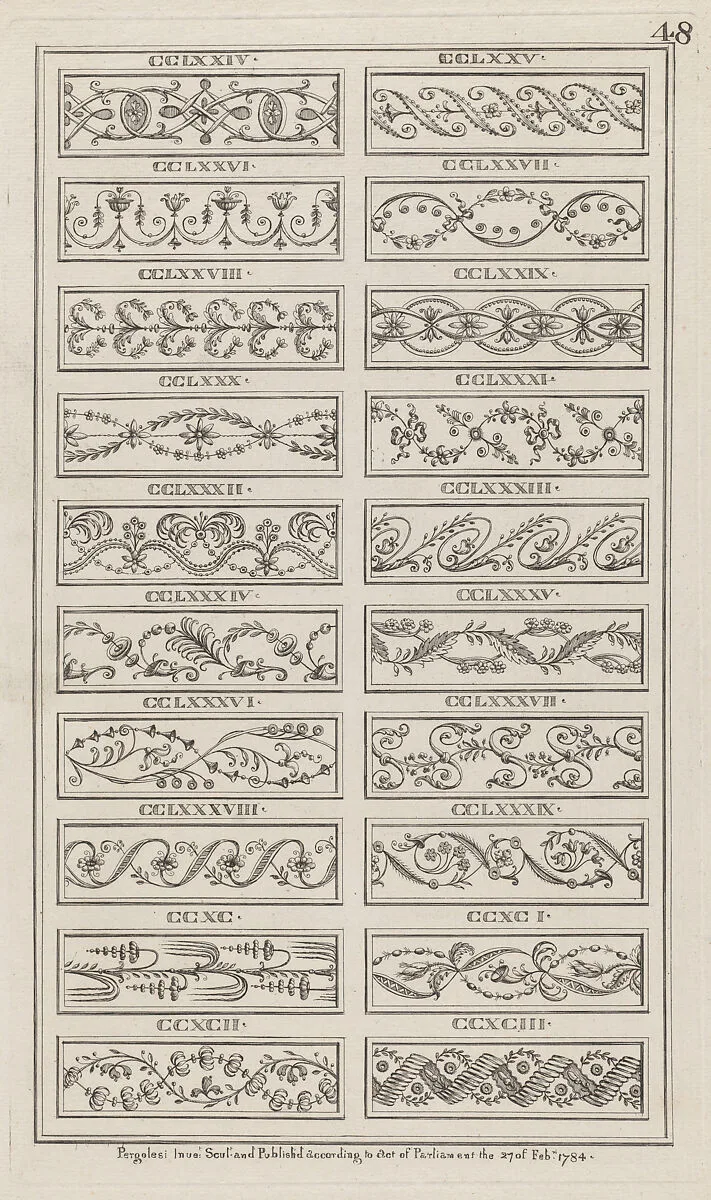 Panels of Ornament, nos. CCLXXIV–CCXCIII, plate 48 from "Designs for Various Ornaments" — Michelangelo Pergolesi
