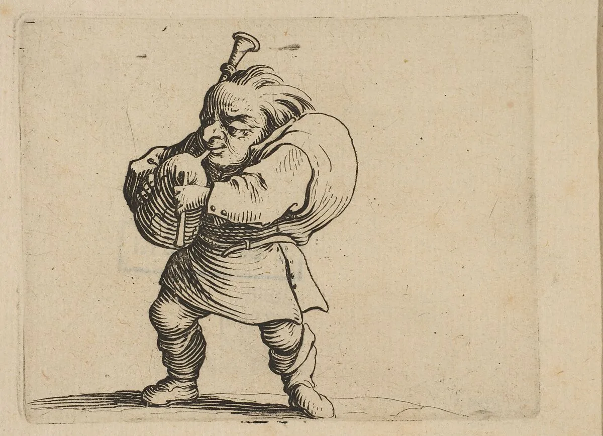 La Jouer de Cornemuse (The Bagpipe Player), from Varie Figure Gobbi, suite appelée aussi Les Bossus, Les Pygmées, Les Nains Grotesques (Various Hunchbacked Figures, The Hunchbacks, The Pygmes, The Grotesque Dwarfs) — Jacques Callot