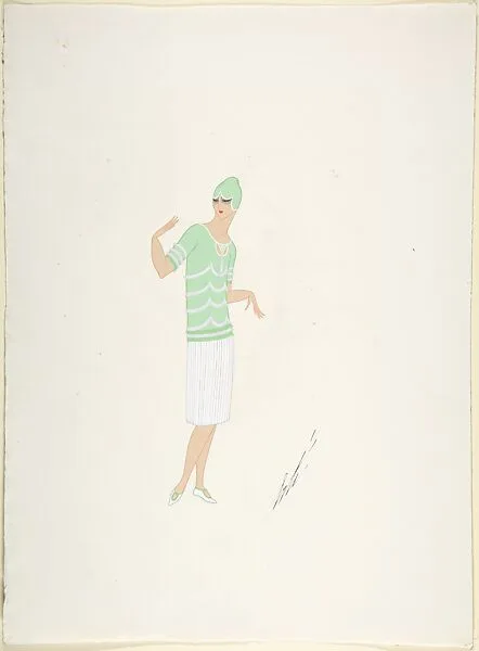 Design for Davidow, New York: Dress, Hat and Shoes in Lime Green and White — Erté (Romain de Tirtoff)