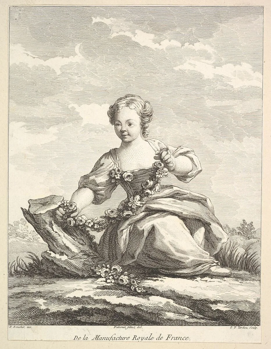 Little girl holding a garland of flowers, from Deuxième Livre de Figures d'après les porcelaines de la Manufacture Royale de France (Second Book of Figures after porcelains from the Manufacture Royale de France) — François Boucher|Pierre François Tardieu|Pierre Etienne Falconet