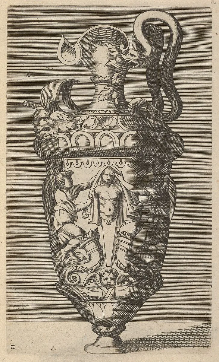 Vase with Two Winged Figures Draping a Term — Frederick de Wit|René Boyvin|Polidoro da Caravaggio|Rosso Fiorentino|Claes Jansz. Visscher
