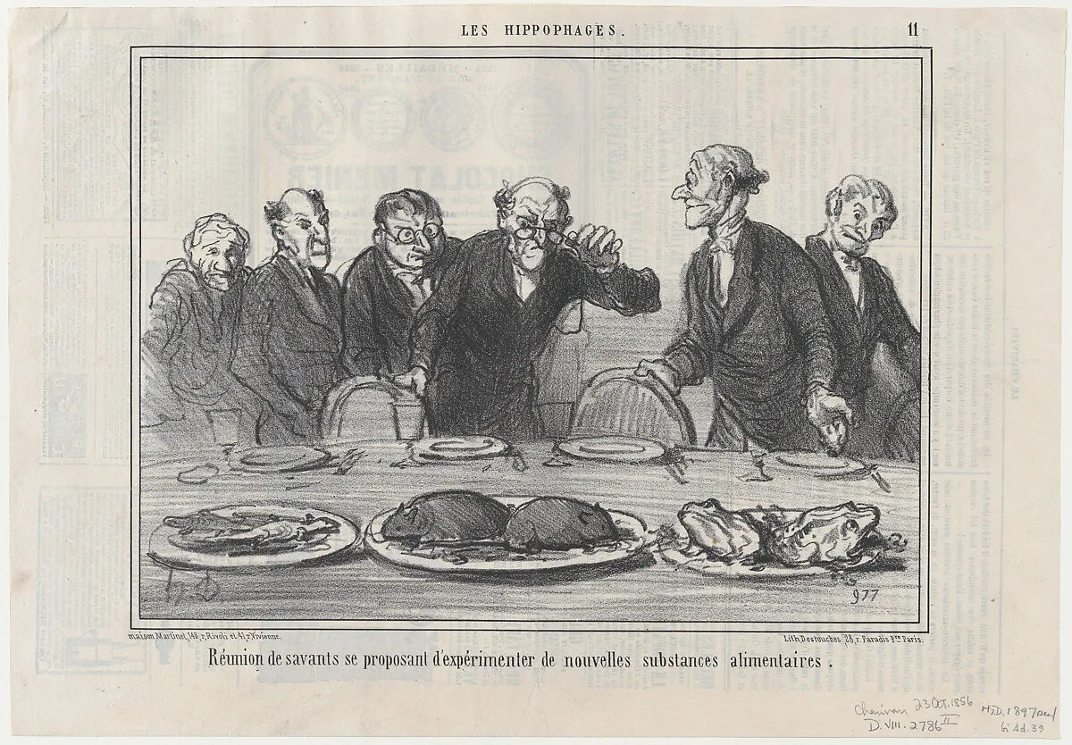 Réunion de savants se proposant..., from Les Hippophages, published in Le Charivari, October 23, 1856 — Aaron Martinet|Honoré Daumier|Destouches
