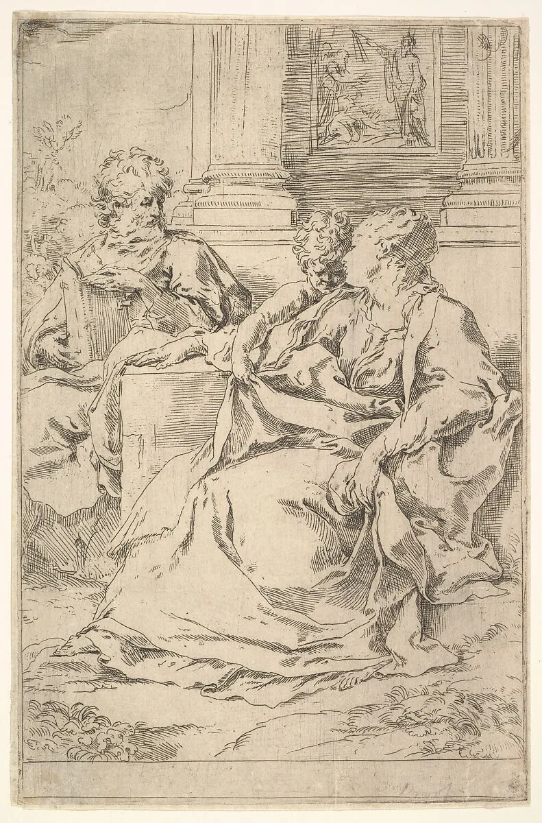 The Holy Family with Scriptural Scene in Background — Guido Reni