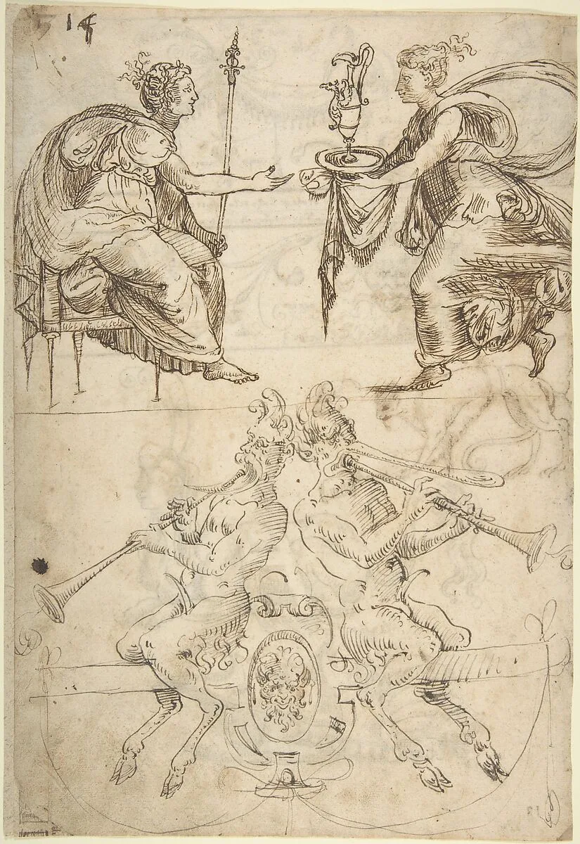 Sheet with multiple Designs: Figurative Scene with Two Women (top) and Two Satyrs Playing Horns, Seated Back to Back (bottom) (recto); Three Candelabra Grotesques (verso) — Andrés de Melgar