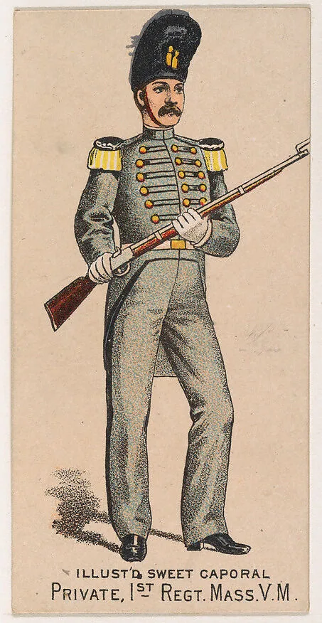 Private, 1st Regiment, Massachusetts, V.M., from the Military Series (N224) issued by Kinney Tobacco Company to promote Sweet Caporal Cigarettes — Kinney Brothers Tobacco Company