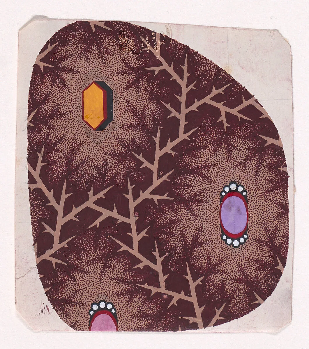 Textile Design with Alternating Rows of Hexagons and Ovals Flanked by Pearls Framed by a Network of Stiff Branches — Anonymous, Alsatian, 19th century