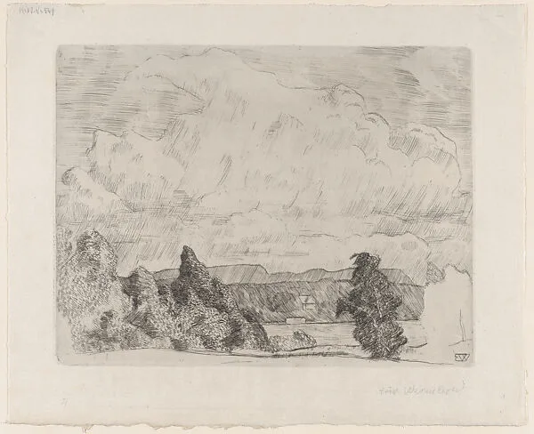 Landscape with trees in the foreground and a house in the hills in the background — Erik Werenskiold