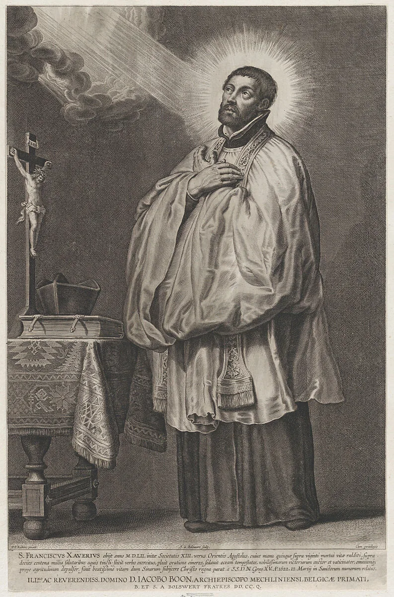 Saint Francis Xavier with a divine light emanating towards him from the upper left, with a crucifix, mitre, and book on a table at left — Schelte Adams à Bolswert|Peter Paul Rubens