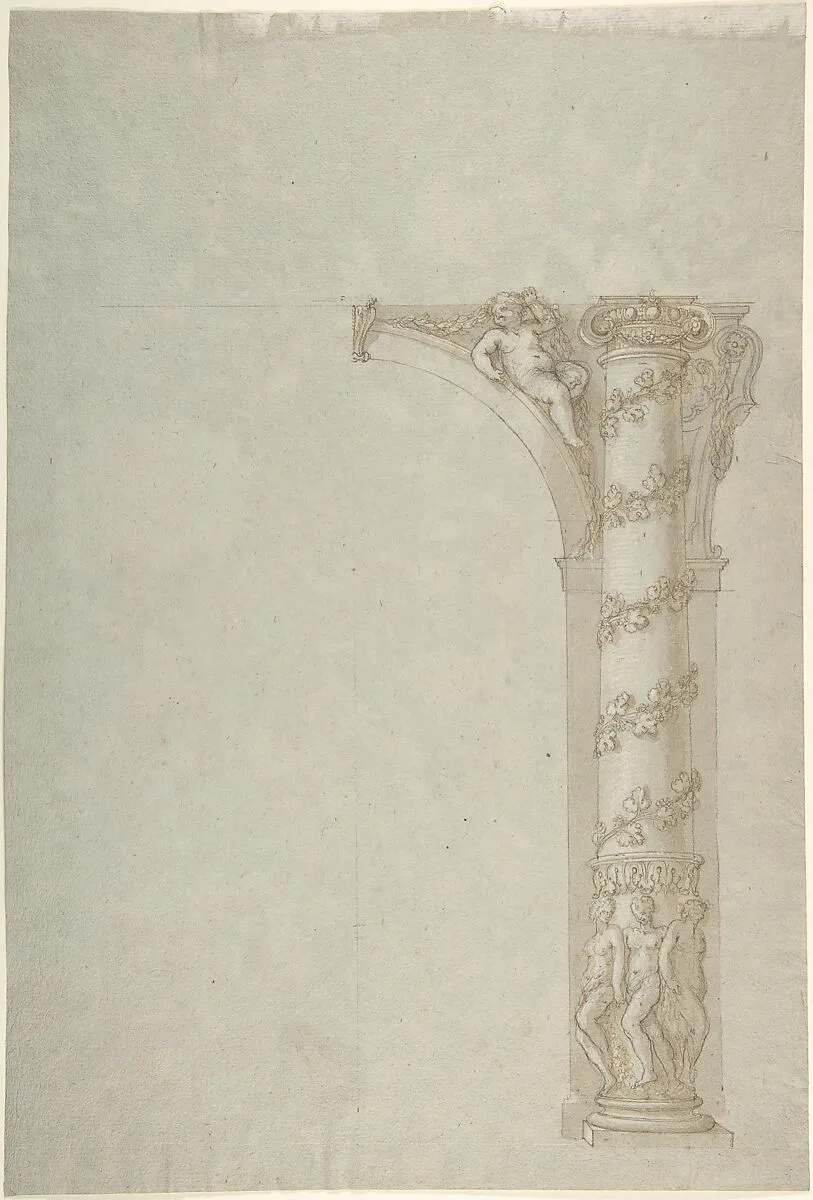 Design for the Bay of an Arcade with Female Figures at the Base and an Arch with a Putto in the Spandrel — Anonymous, Italian, 16th to 17th century