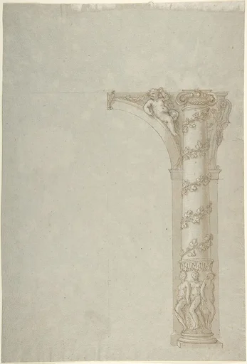 Design for the Bay of an Arcade with Female Figures at the Base and an Arch with a Putto in the Spandrel
