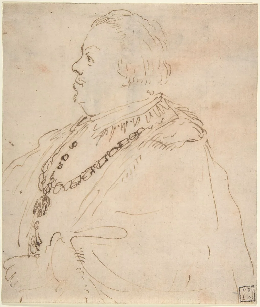 Waist-Length Portrait of a Man Wearing the Order of the Golden Fleece, in Profile Facing Left — Guercino (Giovanni Francesco Barbieri)