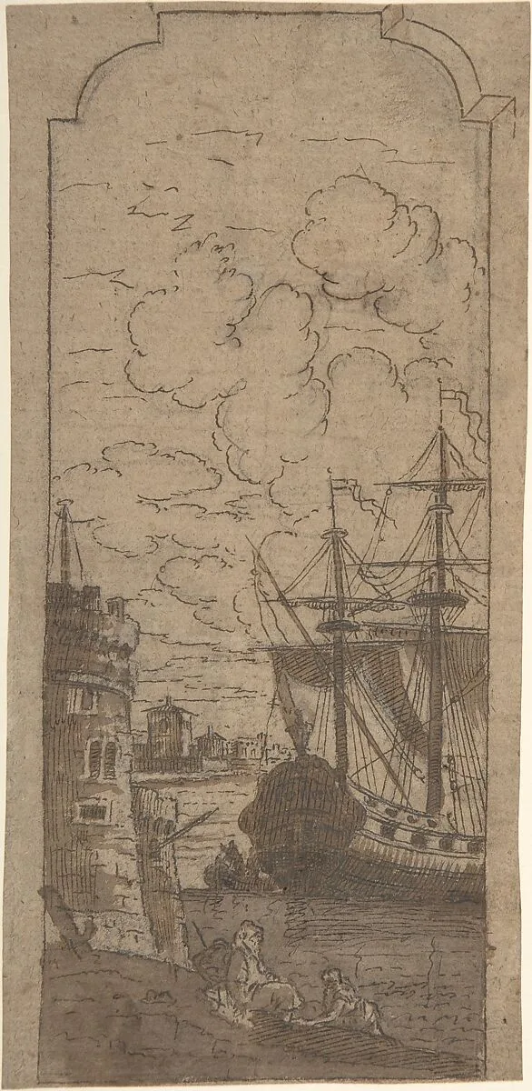 Framed Port scene with two figures — Dominique Barrière
