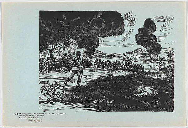 Plate 44: soldiers from the regime of Victoriano Huerta herding those who supported Emiliano Zapata and burning their homes, from the portfolio 'Estampas de la revolución Mexicana' (prints of the Mexican Revolution) — Alberto Beltrán|Taller de Gráfica Popular