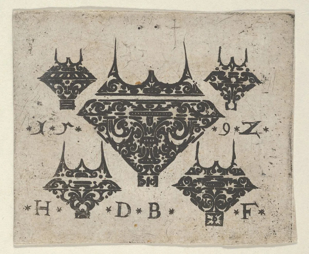 Blackwork Print with a Large Bezel Design at Center Surrounded by Four Smaller Fillets — Hans de Bull